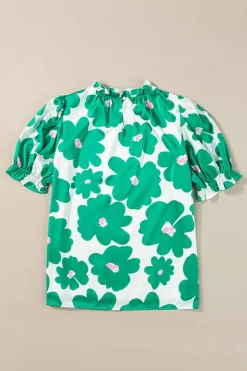 Sale Dear-Lover Floral Puff Sleeve Frill Neckline Blouse Green
