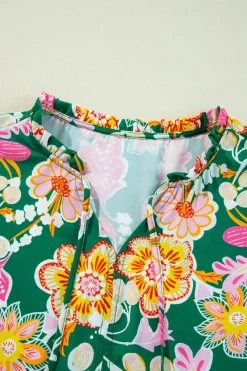 Clearance Dear-Lover Floral Puff Sleeve V Neck Peplum Blouse Green