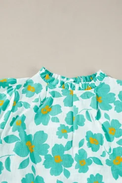 Sale Dear-Lover Floral Puff Sleeve Frilled Neckline Blouse Green