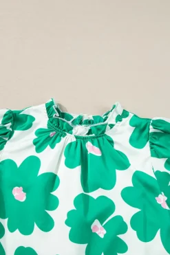 Sale Dear-Lover Floral Puff Sleeve Frill Neckline Blouse Green