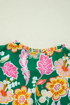 Clearance Dear-Lover Floral Puff Sleeve V Neck Peplum Blouse Green