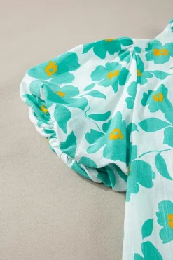 Sale Dear-Lover Floral Puff Sleeve Frilled Neckline Blouse Green