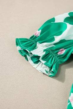 Sale Dear-Lover Floral Puff Sleeve Frill Neckline Blouse Green