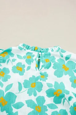 Sale Dear-Lover Floral Puff Sleeve Frilled Neckline Blouse Green