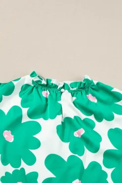 Sale Dear-Lover Floral Puff Sleeve Frill Neckline Blouse Green