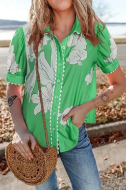 Discount Dear-Lover Floral Ric Rac Edge Puff Sleeve Button Up Summer Shirt Green