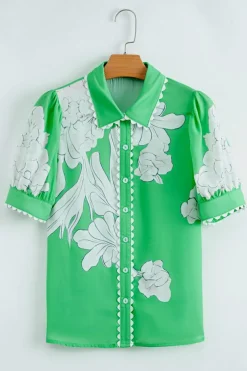Discount Dear-Lover Floral Ric Rac Edge Puff Sleeve Button Up Summer Shirt Green