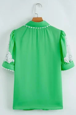 Discount Dear-Lover Floral Ric Rac Edge Puff Sleeve Button Up Summer Shirt Green