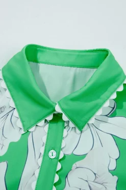 Discount Dear-Lover Floral Ric Rac Edge Puff Sleeve Button Up Summer Shirt Green