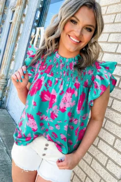 Best Dear-Lover Floral Ruffled Flutter Sleeve Ruched Blouse Green