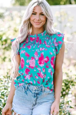 Best Dear-Lover Floral Ruffled Flutter Sleeve Ruched Blouse Green