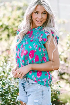 Best Dear-Lover Floral Ruffled Flutter Sleeve Ruched Blouse Green