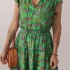 Sale Dear-Lover Floral Tie Split Neck Frilly Ruffle Trim Tiered Short Dress Green