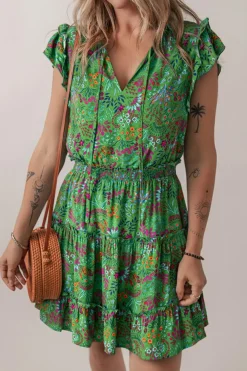 Sale Dear-Lover Floral Tie Split Neck Frilly Ruffle Trim Tiered Short Dress Green