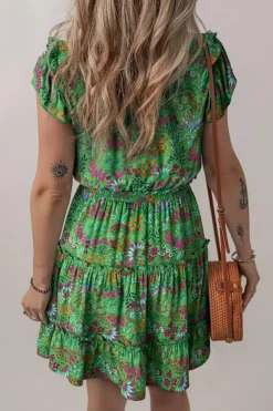 Sale Dear-Lover Floral Tie Split Neck Frilly Ruffle Trim Tiered Short Dress Green