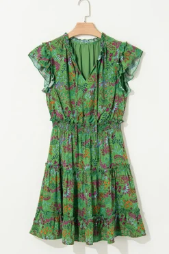 Sale Dear-Lover Floral Tie Split Neck Frilly Ruffle Trim Tiered Short Dress Green