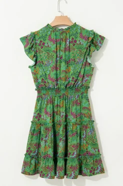 Sale Dear-Lover Floral Tie Split Neck Frilly Ruffle Trim Tiered Short Dress Green