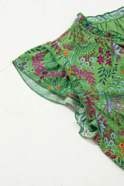 Sale Dear-Lover Floral Tie Split Neck Frilly Ruffle Trim Tiered Short Dress Green