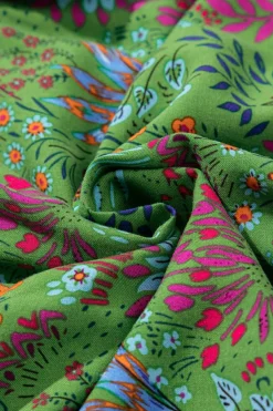 Sale Dear-Lover Floral Tie Split Neck Frilly Ruffle Trim Tiered Short Dress Green