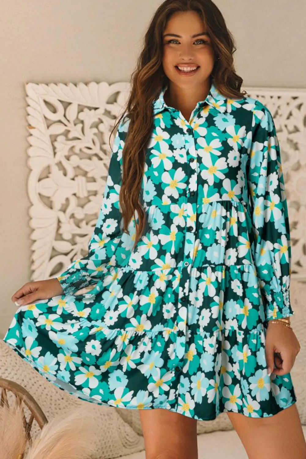 Clearance Dear-Lover Green Floral Tiered Long Puff Sleeve Shirt Dress Blackish Green