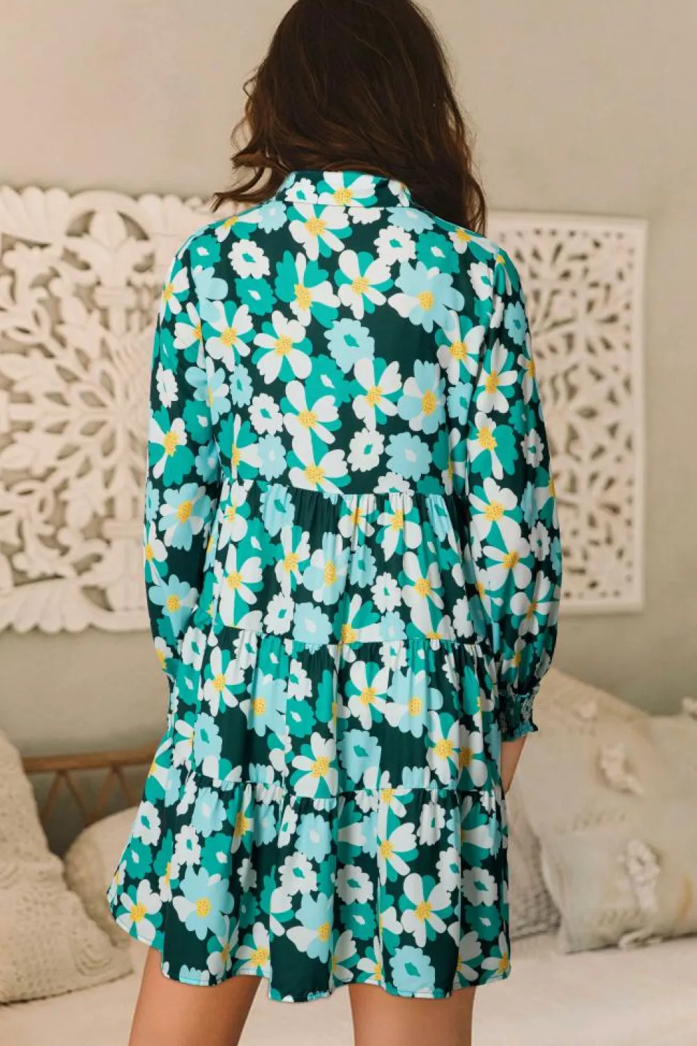 Clearance Dear-Lover Green Floral Tiered Long Puff Sleeve Shirt Dress Blackish Green