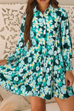 Clearance Dear-Lover Green Floral Tiered Long Puff Sleeve Shirt Dress Blackish Green