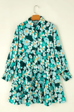 Clearance Dear-Lover Green Floral Tiered Long Puff Sleeve Shirt Dress Blackish Green