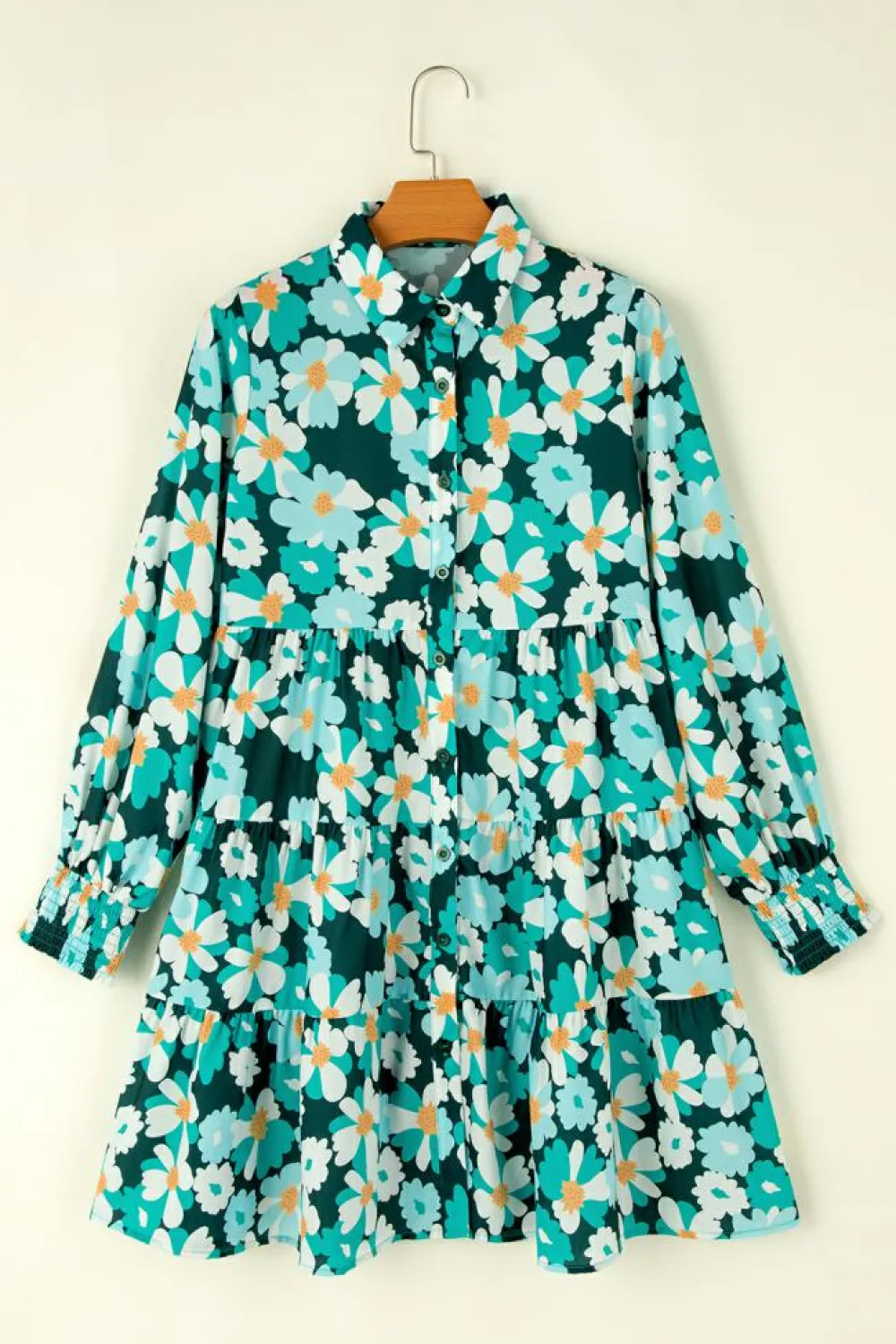 Clearance Dear-Lover Green Floral Tiered Long Puff Sleeve Shirt Dress Blackish Green