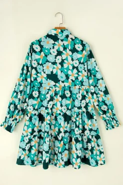 Clearance Dear-Lover Green Floral Tiered Long Puff Sleeve Shirt Dress Blackish Green