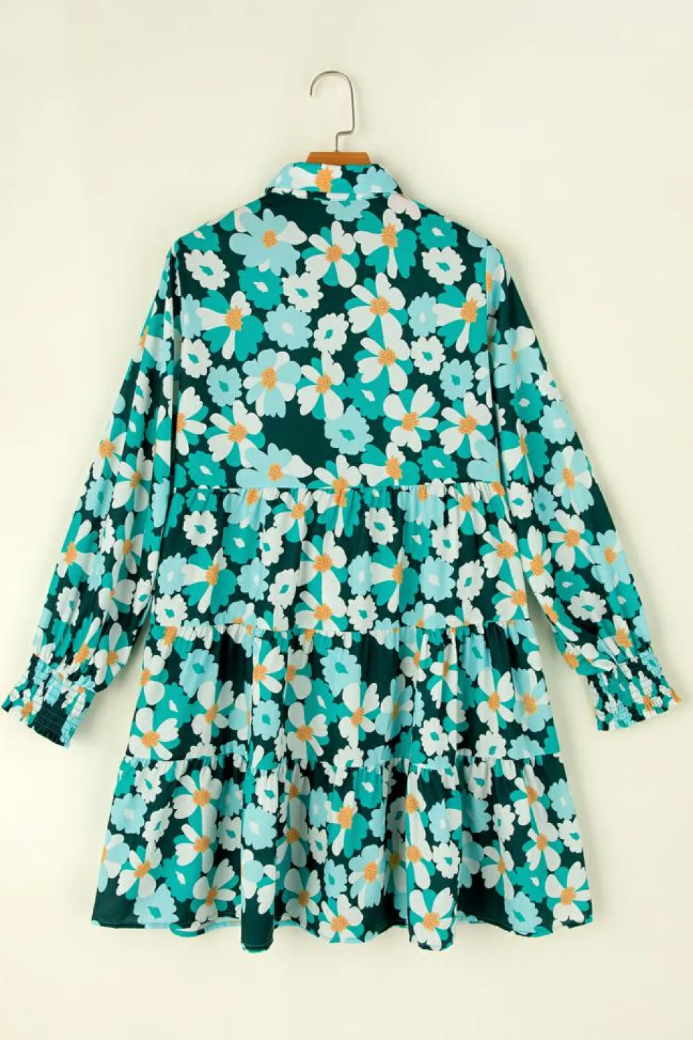 Clearance Dear-Lover Green Floral Tiered Long Puff Sleeve Shirt Dress Blackish Green