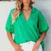 Sale Dear-Lover Flower Embroidered Hollow-out Puff Sleeve Blouse Green
