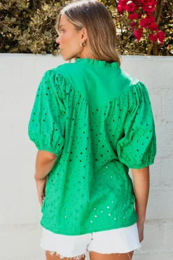 Sale Dear-Lover Flower Embroidered Hollow-out Puff Sleeve Blouse Green