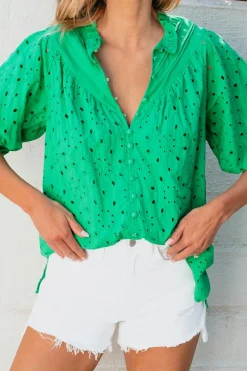 Sale Dear-Lover Flower Embroidered Hollow-out Puff Sleeve Blouse Green