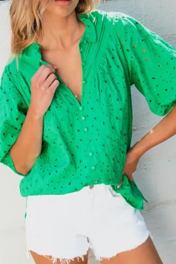 Sale Dear-Lover Flower Embroidered Hollow-out Puff Sleeve Blouse Green