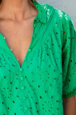Sale Dear-Lover Flower Embroidered Hollow-out Puff Sleeve Blouse Green