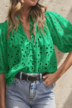 Sale Dear-Lover Flower Embroidered Hollow-out Puff Sleeve Blouse Green