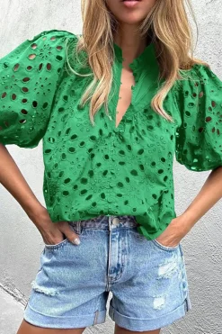 Sale Dear-Lover Flower Embroidered Hollow-out Puff Sleeve Blouse Green