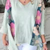 Outlet Dear-Lover Flower Patchwork Exposed Seam Oversized High Low Top Green