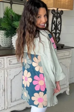 Outlet Dear-Lover Flower Patchwork Exposed Seam Oversized High Low Top Green