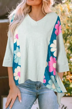 Outlet Dear-Lover Flower Patchwork Exposed Seam Oversized High Low Top Green