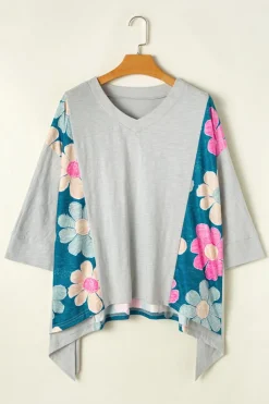 Outlet Dear-Lover Flower Patchwork Exposed Seam Oversized High Low Top Green