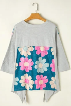 Outlet Dear-Lover Flower Patchwork Exposed Seam Oversized High Low Top Green