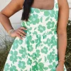 Best Dear-Lover Flower Print Knotted Straps Square Neck Romper Green