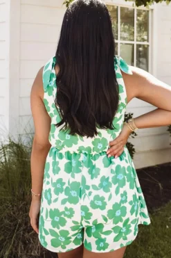 Best Dear-Lover Flower Print Knotted Straps Square Neck Romper Green