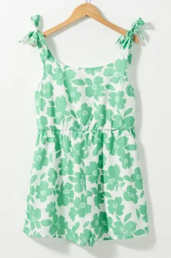Best Dear-Lover Flower Print Knotted Straps Square Neck Romper Green