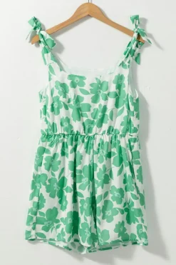 Best Dear-Lover Flower Print Knotted Straps Square Neck Romper Green