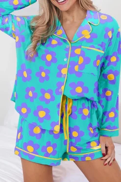 Outlet Dear-Lover Flower Print Long Sleeve Shirt Shorts Pajamas Set Green