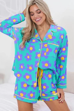 Outlet Dear-Lover Flower Print Long Sleeve Shirt Shorts Pajamas Set Green