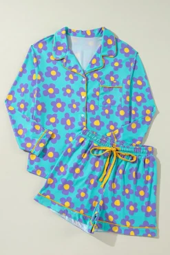 Outlet Dear-Lover Flower Print Long Sleeve Shirt Shorts Pajamas Set Green