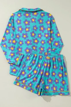 Outlet Dear-Lover Flower Print Long Sleeve Shirt Shorts Pajamas Set Green
